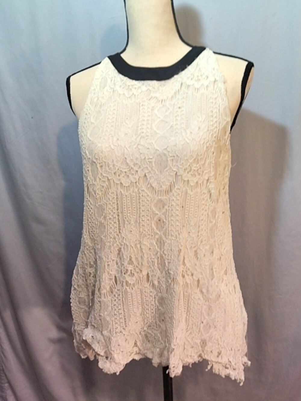 Alfani White Lace Tank Top with Black Collar